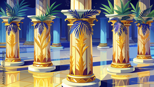 Close-up of marble columns with floral inlays in lapis and jasper. The golden palm-shaped capitals gleam gently beneath warm ambient lighting, mirrored on the polished white floor.