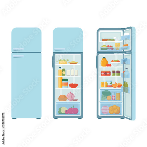 Light blue retro refrigerator shown closed open and stocked with fresh food