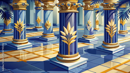 Close-up of marble columns with floral inlays in lapis and jasper. The golden palm-shaped capitals gleam gently beneath warm ambient lighting, mirrored on the polished white floor.
