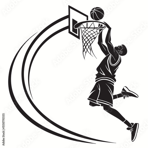 Powerful Dunk: A Silhouette of a Basketball Player's Amazing Slam
