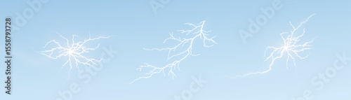 Vector illustration of three lightning bolts with branching details on a light background. Suitable for sci-fi projects, special effects, user interfaces, and energy-themed designs.