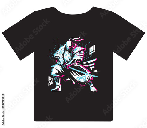 Futuristic Mecha Robot T Shirt Design with Neon Glitch Style

