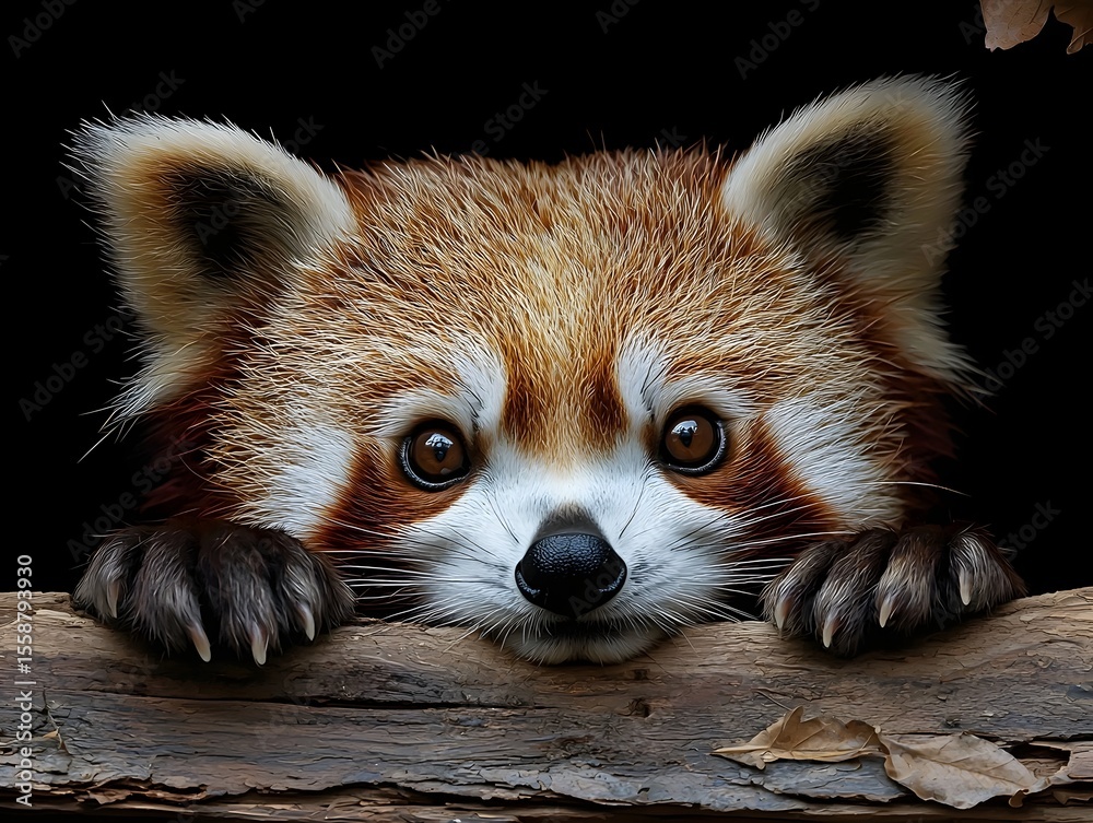 Obraz premium Shy red panda peeking out from behind its paws