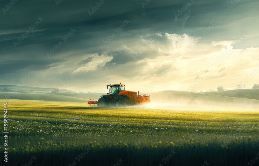 Fototapeta premium Agricultural landscape featuring tractor spraying a vast green field at dawn, conveying farming, technology, and rural scenery