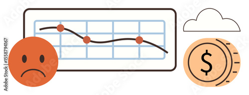 Declining graph indicating financial loss, sad face representing disappointment, coin symbolizing money, and cloud metaphor for challenges. Ideal for finance, business troubles, economic downturn