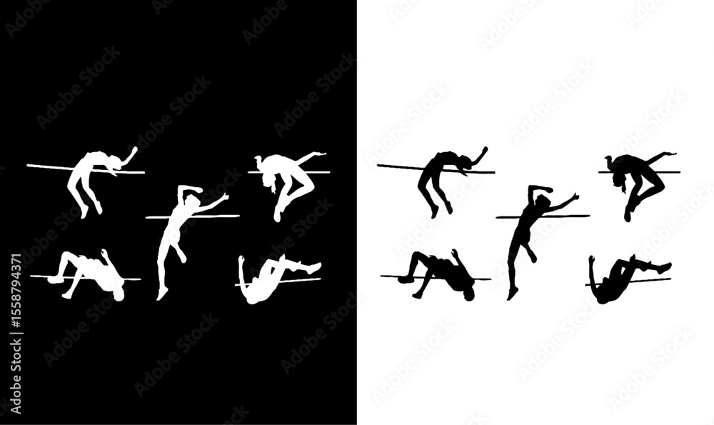Naklejka premium high jumping silhouette set vector illustration, high jump silhouette, jump, jump silhouette, sport, man, man jumping silhouette, vector, silhouette, icon, design, art,