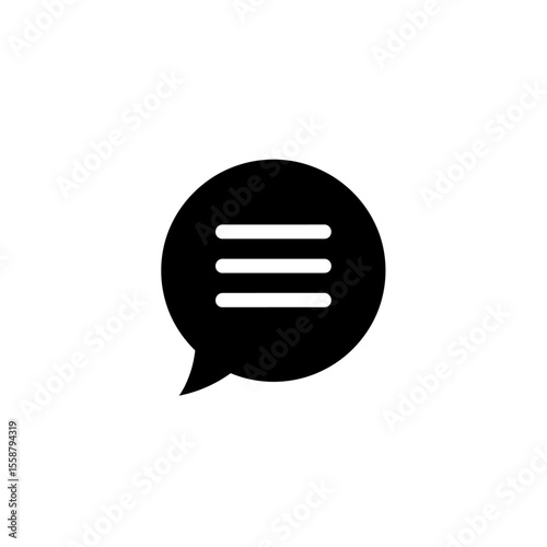 Black speech bubble with three horizontal lines inside isolated on a plain white background simple design