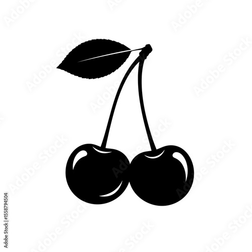 A minimalist black and white illustration of two cherries hanging with a single leaf attached to stem
