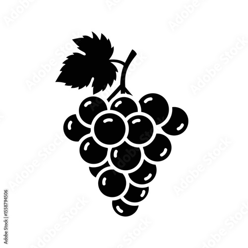 Black silhouette of a bunch of grapes with a leaf attached to the stem on a white background