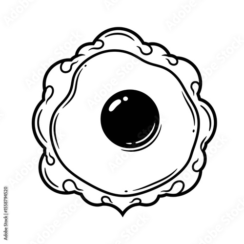 Illustration of a fried egg with a decorative border in black and white line art style drawing