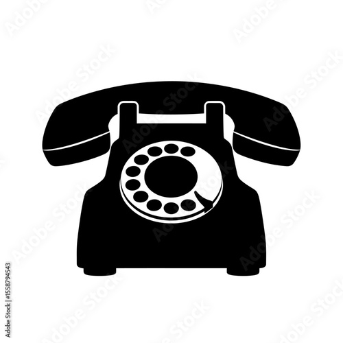 A black and white illustration of a vintage rotary telephone isolated on a white background