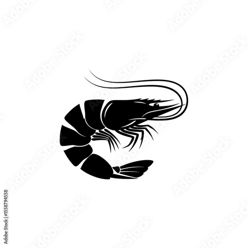 A stylized black and white illustration of a shrimp with long antennae on a white background