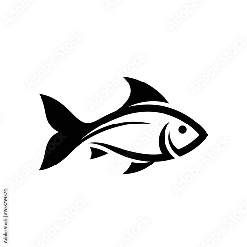 A stylized black and white illustration of a fish with prominent fins and a streamlined body design