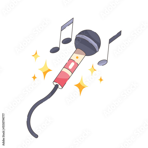 Microphone for sound record or mic with notes. Vector device for artist or singer voice recording. MC speech item. Beatbox and boombox, rap performance symbol. Karaoke and party, club rap vocal sign.