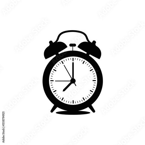 A black and white illustration of a classic alarm clock with bells and hands showing the time