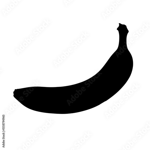 A stark black silhouette of a curved banana against a pristine white background in a minimalist style
