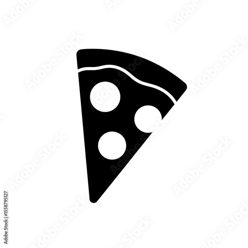 A black and white graphic illustration of a pizza slice with circular toppings on a white background