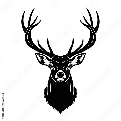 Illustration of a deer head with large antlers in black and white on a plain white background