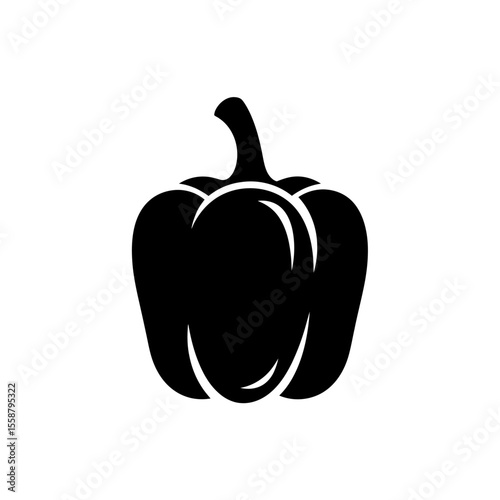 A simple black silhouette of a bell pepper with a stem on a plain white background image design