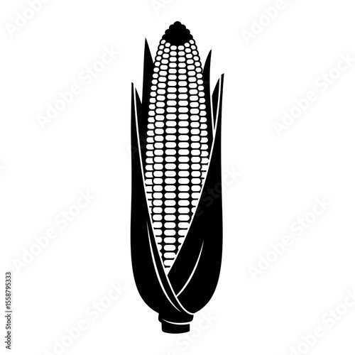 A black and white illustration of an ear of corn with husks and kernels in a vector format