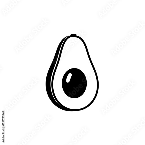 A simple black and white illustration of a halved avocado with a large pit in the center of the fruit