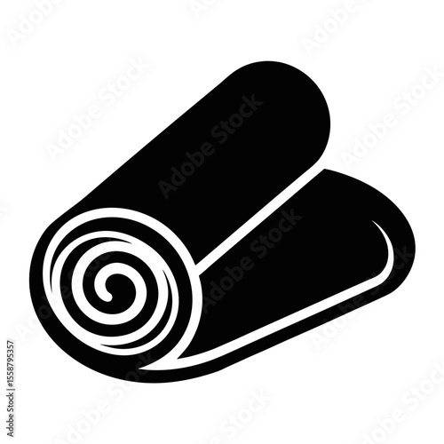 A black rolled mat design, representing fitness, yoga, or exercise equipment vector icon on white background.