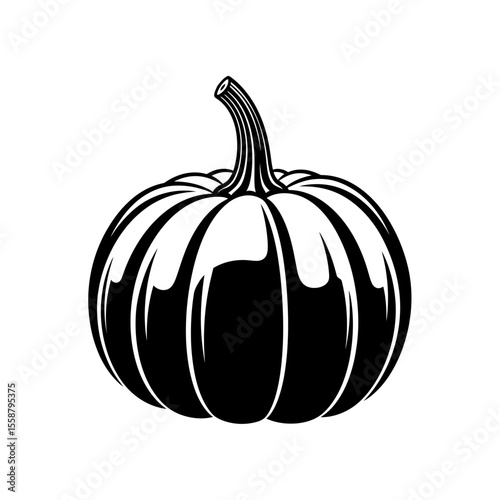 A monochrome illustration of a pumpkin with a stem on a plain white background in vector format