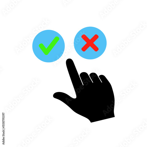 A black hand pointing at a green check mark and a red x mark inside blue circular buttons on white