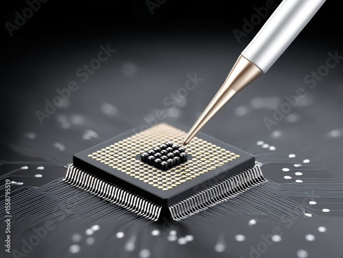 Closeup, pen inserts chip into microprocessor technology, hardware, and computing