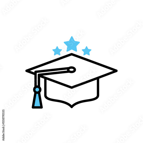 Illustration of a graduation cap with tassel and three blue stars on a white background art