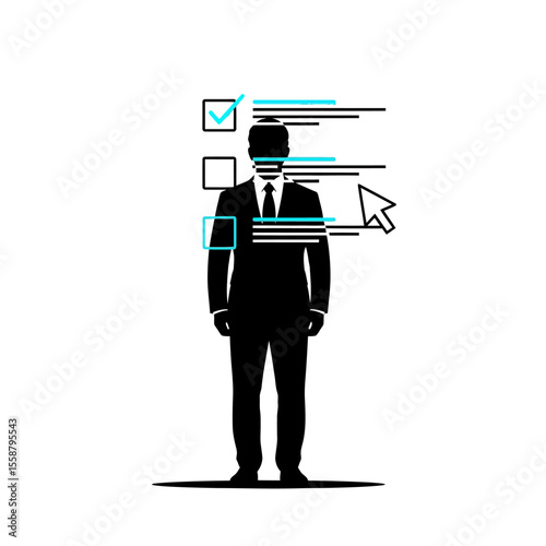 Silhouette of a businessman with a checklist and a cursor on a white background in vector format
