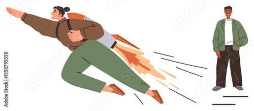 Woman with jetpack flies forward with determination, leaving fire trail, admired by standing man. Ideal for ambition, leadership, innovation, progress, self-improvement, motivation inspiration