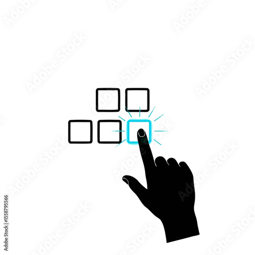 A silhouette hand selecting a glowing blue square among other squares on a white background
