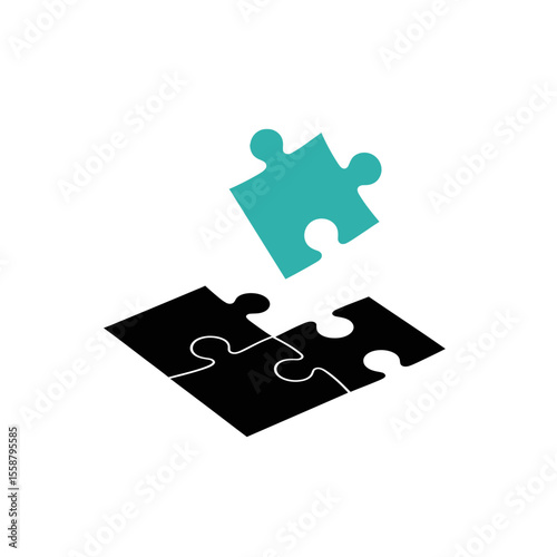 Isolated image of a teal puzzle piece above two black puzzle pieces on a white background plain view