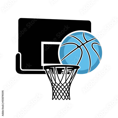 Illustration of a basketball hoop with a black backboard and a light blue basketball graphic design