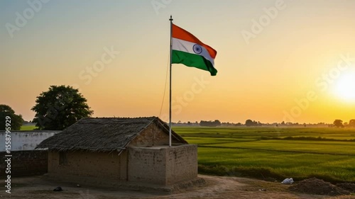 Indian flag waving beside rural house at sunset in a green field  