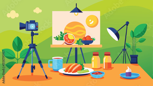 Culinary Scene Creation: A meticulously arranged food scene, complete with a professional camera setup and studio lighting, captures the essence of food photography and creative process.
