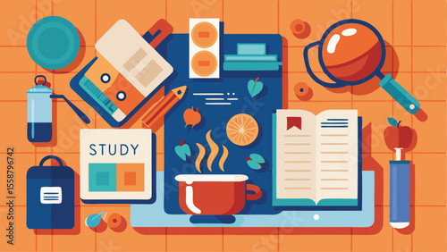 Study and learning: An overhead shot of a flat lay on a table with educational supplies, including a tablet, a book, magnifying glass.