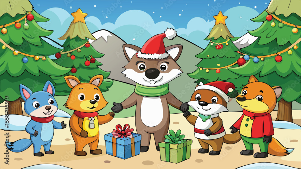 Festive Forest Animals in Winter Scene. Festive Forest Animals in Winter Scene.
