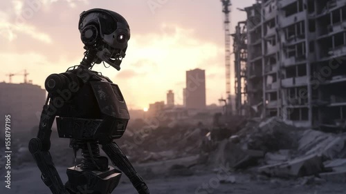 A robot stands alone in an abandoned city, surrounded by rubble and crumbling structures as the sun sets in the background