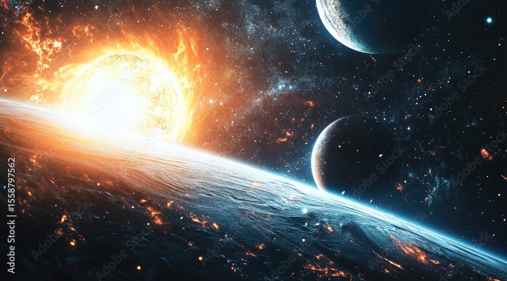 Obraz premium Fiery sun, planets, and cosmic dust in deep space.