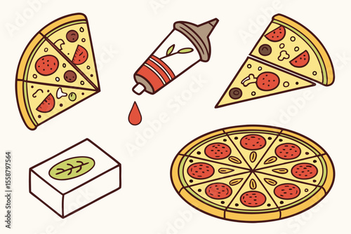 Flat vector icons of delicious pizza slices with various toppings