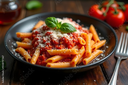 Penne pasta with tomato sauce and parmesan cheese