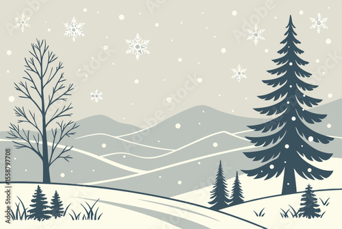 Stylized snowy winter landscape with falling snowflakes