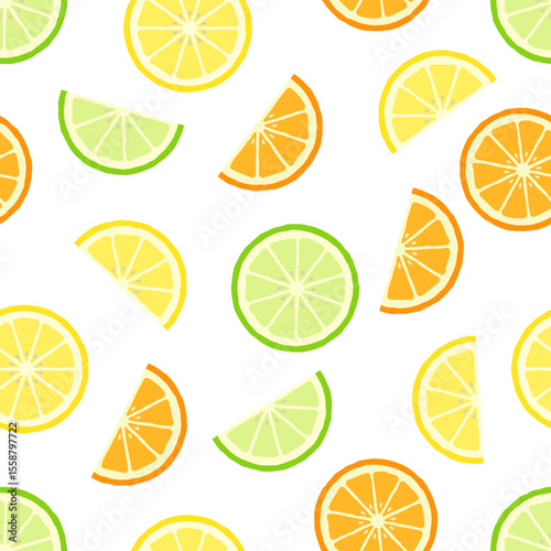 Seamless pattern of various sliced citrus fruits including lemons, oranges, and limes,  on white background. Often used for various decorative purposes.