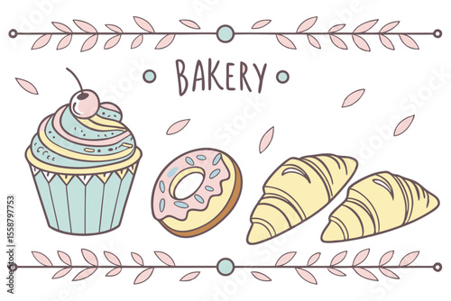 Whimsical bakery scene featuring delicious cupcakes and donuts