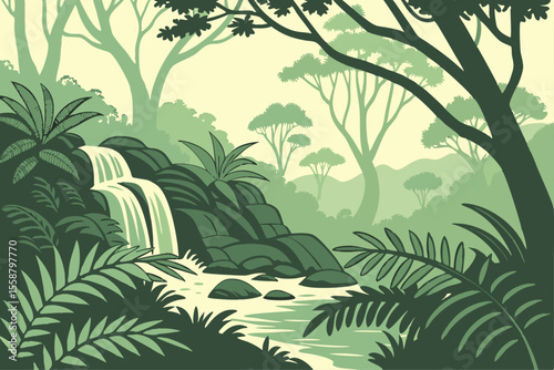 Vibrant tropical rainforest scene with diverse flora and fauna illustration