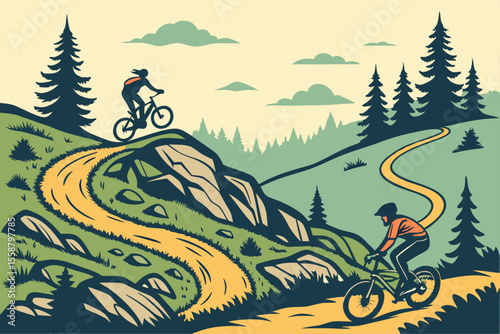 Dynamic mountain biking scene with a cyclist navigating winding trails