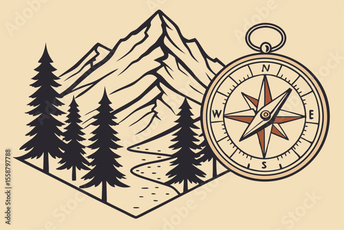 Vintage hiking badge design with mountain and forest elements