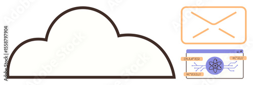 Cloud outline connected to an email and a processing module with an atom icon. Ideal for communication, technology, networking, innovation, data transfer, cloud services, simple flat metaphor